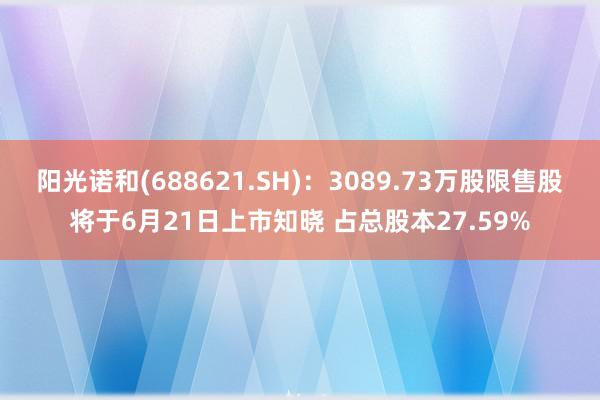 阳光诺和(688621.SH)：3089.73万股限售股将于6月21日上市知晓 占总股本27.59%